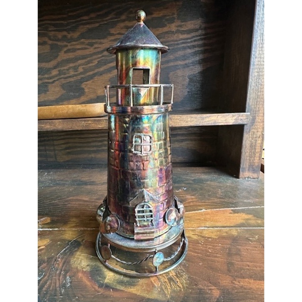 Vintage Copper Iridescent Metal Lighthouse Nautical Decor Music Box 9"